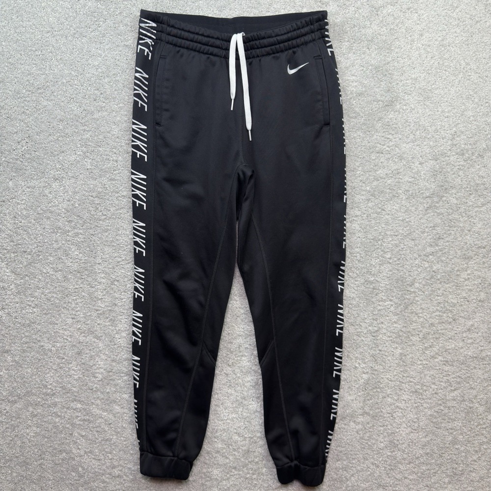 Nike Dri-FIT Joggers Mens Small Black Spellout Logo Ankle Zip Fleece Track Pants